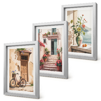 Lot de 3 tableaux Des rues peintes avec des fleurs et un vélo