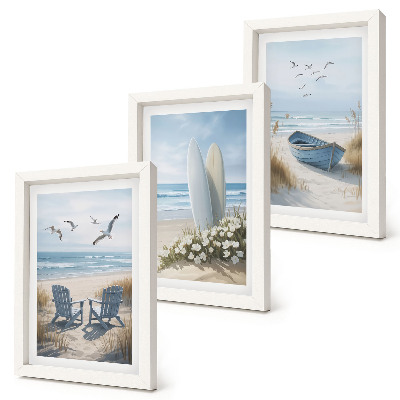 Ensemble de 3 tableaux Plage avec planches de surf, bateaux et oiseaux