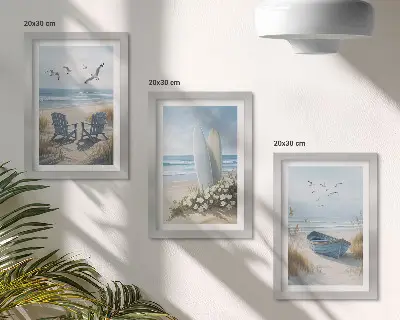 Ensemble de 3 tableaux représentant une plage avec des planches de surf, des bateaux et des oiseaux