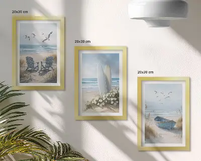 Ensemble de 3 tableaux représentant une plage avec des planches de surf, des bateaux et des oiseaux