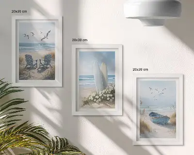 Ensemble de 3 tableaux représentant une plage avec des planches de surf, des bateaux et des oiseaux