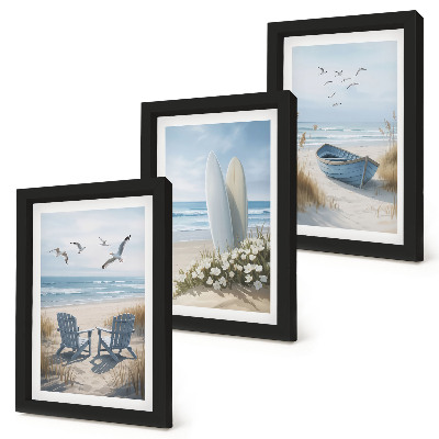 Ensemble de 3 tableaux Plage avec planches de surf, bateaux et oiseaux