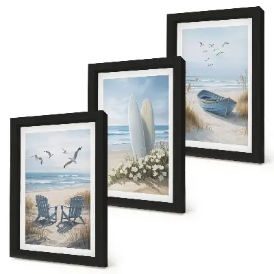 Ensemble de 3 tableaux représentant une plage avec des planches de surf, des bateaux et des oiseaux