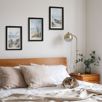 Ensemble de 3 tableaux Plage avec planches de surf, bateaux et oiseaux