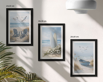 Ensemble de 3 tableaux Plage avec planches de surf, bateaux et oiseaux
