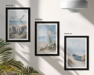 Ensemble de 3 tableaux représentant une plage avec des planches de surf, des bateaux et des oiseaux