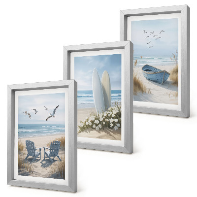 Ensemble de 3 tableaux Plage avec planches de surf, bateaux et oiseaux