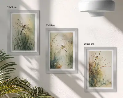 Mur de cadres herbes peintes avec des libellules au-dessus de l'eau
