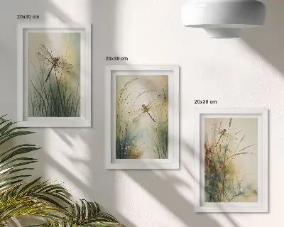 Mur de cadres herbes peintes avec des libellules au-dessus de l'eau