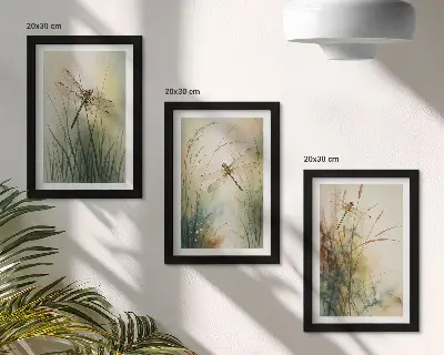 Mur de cadres herbes peintes avec des libellules au-dessus de l'eau