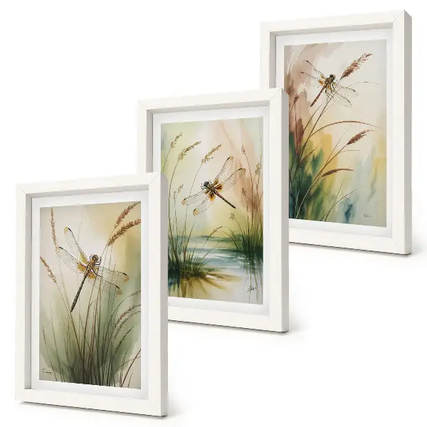 Lot de 3 tableaux représentant des libellules parmi l'herbe au bord de l'eau dans un style pictural