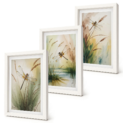 Lot de 3 tableaux Libellules parmi l'herbe au bord de l'eau dans un style pictural