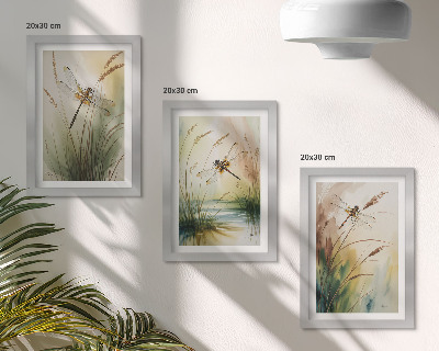 Lot de 3 tableaux Libellules parmi l'herbe au bord de l'eau dans un style pictural