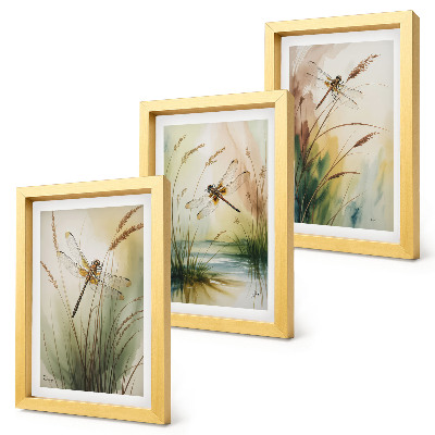 Lot de 3 tableaux Libellules parmi l'herbe au bord de l'eau dans un style pictural