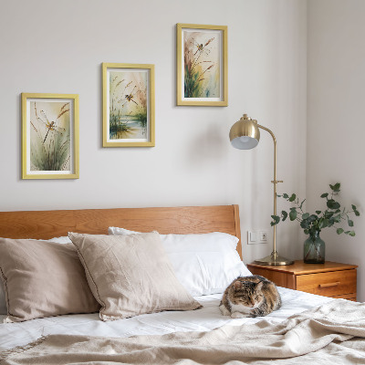 Lot de 3 tableaux Libellules parmi l'herbe au bord de l'eau dans un style pictural