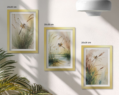 Lot de 3 tableaux Libellules parmi l'herbe au bord de l'eau dans un style pictural