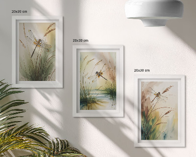 Lot de 3 tableaux Libellules parmi l'herbe au bord de l'eau dans un style pictural