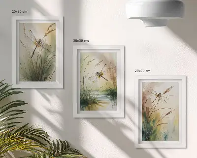 Lot de 3 tableaux représentant des libellules parmi l'herbe au bord de l'eau dans un style pictural
