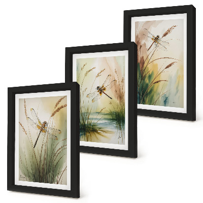 Lot de 3 tableaux Libellules parmi l'herbe au bord de l'eau dans un style pictural