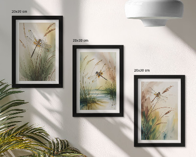 Lot de 3 tableaux Libellules parmi l'herbe au bord de l'eau dans un style pictural