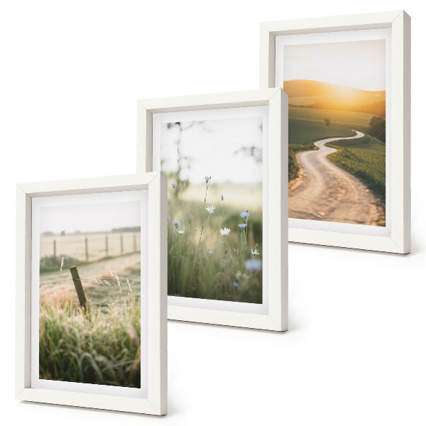 Ensemble de 3 tableaux Paysage avec une prairie, une route et un coucher de soleil