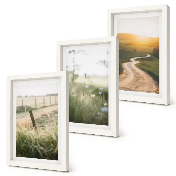 Ensemble de 3 tableaux paysage représentant une prairie avec une route et un coucher de soleil