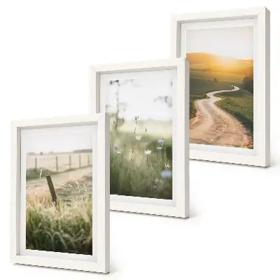 Ensemble de 3 tableaux paysage représentant une prairie avec une route et un coucher de soleil