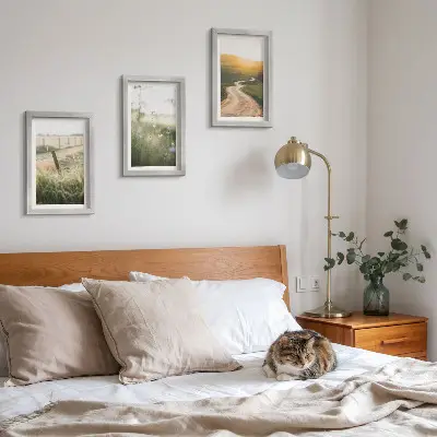 Ensemble de 3 tableaux paysage représentant une prairie avec une route et un coucher de soleil