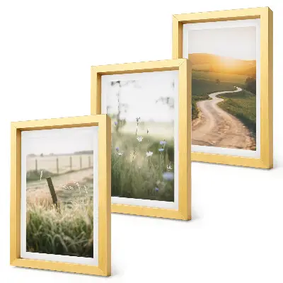 Ensemble de 3 tableaux paysage représentant une prairie avec une route et un coucher de soleil