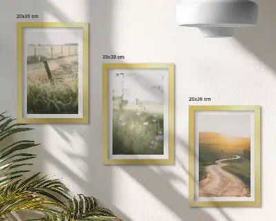 Ensemble de 3 tableaux paysage représentant une prairie avec une route et un coucher de soleil