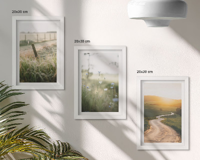 Ensemble de 3 tableaux Paysage avec une prairie, une route et un coucher de soleil