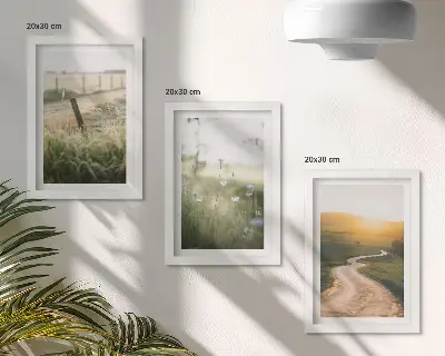 Ensemble de 3 tableaux paysage représentant une prairie avec une route et un coucher de soleil