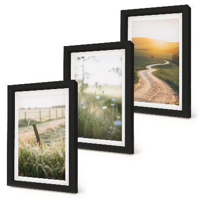 Ensemble de 3 tableaux Paysage avec une prairie, une route et un coucher de soleil