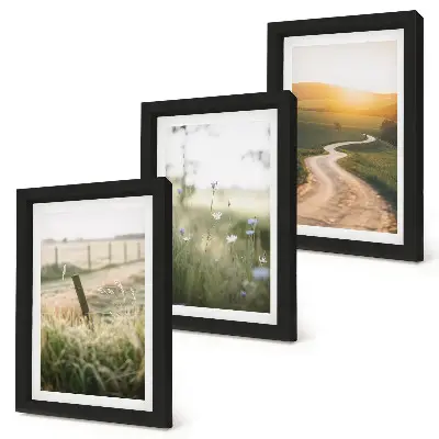 Ensemble de 3 tableaux paysage représentant une prairie avec une route et un coucher de soleil