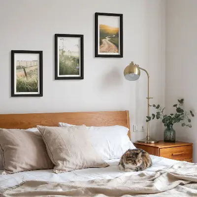 Ensemble de 3 tableaux paysage représentant une prairie avec une route et un coucher de soleil