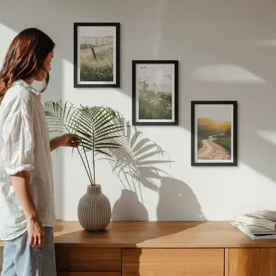 Ensemble de 3 tableaux paysage représentant une prairie avec une route et un coucher de soleil
