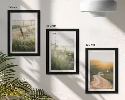 Ensemble de 3 tableaux paysage représentant une prairie avec une route et un coucher de soleil