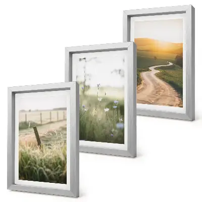 Ensemble de 3 tableaux paysage représentant une prairie avec une route et un coucher de soleil