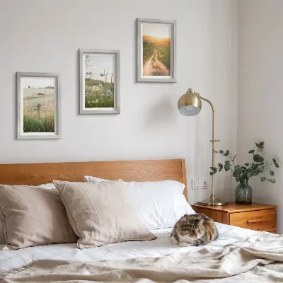 Mur de cadres paysages naturels avec champs et chemin ensoleillé