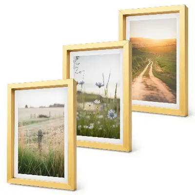 Mur de cadres paysages naturels avec champs et chemin ensoleillé