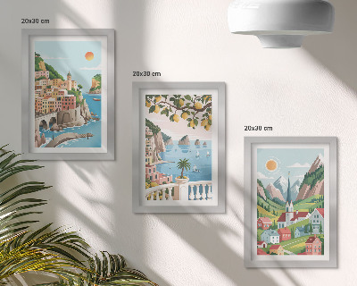 Ensemble de 3 tableaux Paysages pittoresques avec la mer et les agrumes