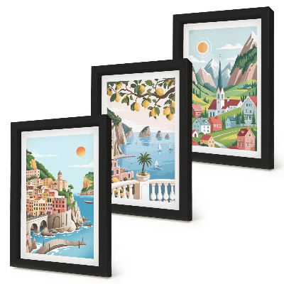 Ensemble de 3 tableaux Paysages pittoresques avec la mer et les agrumes
