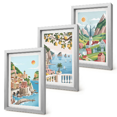 Ensemble de 3 tableaux Paysages pittoresques avec la mer et les agrumes