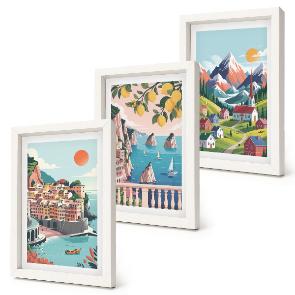 Lot de 3 tableaux Paysages montagneux colorés et villes balnéaires