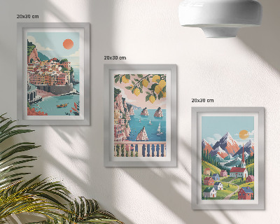 Lot de 3 tableaux Paysages montagneux colorés et villes balnéaires