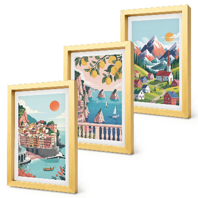 Lot de 3 tableaux Paysages montagneux colorés et villes balnéaires