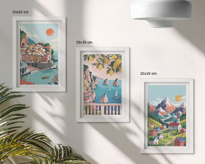 Lot de 3 tableaux Paysages montagneux colorés et villes balnéaires