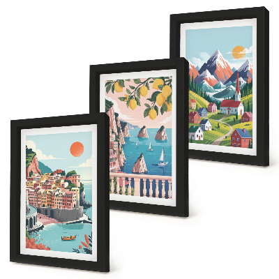 Lot de 3 tableaux Paysages montagneux colorés et villes balnéaires
