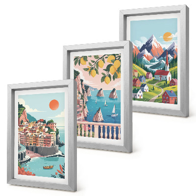 Lot de 3 tableaux Paysages montagneux colorés et villes balnéaires
