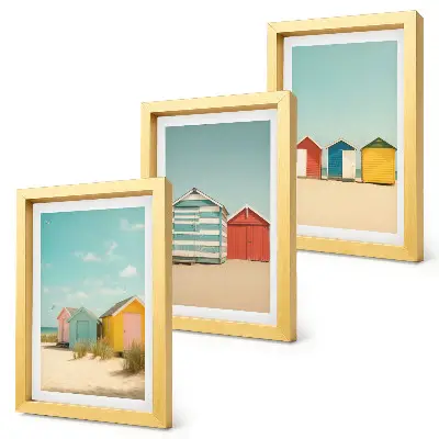 Ensemble de 3 tableaux représentant des maisons de plage colorées par une journée ensoleillée